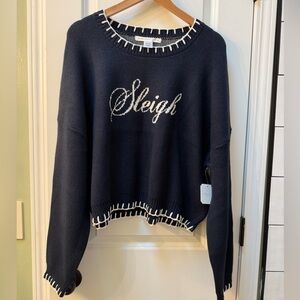 Altar'd State Navy Holiday Sweater with White Whipstitch Trim